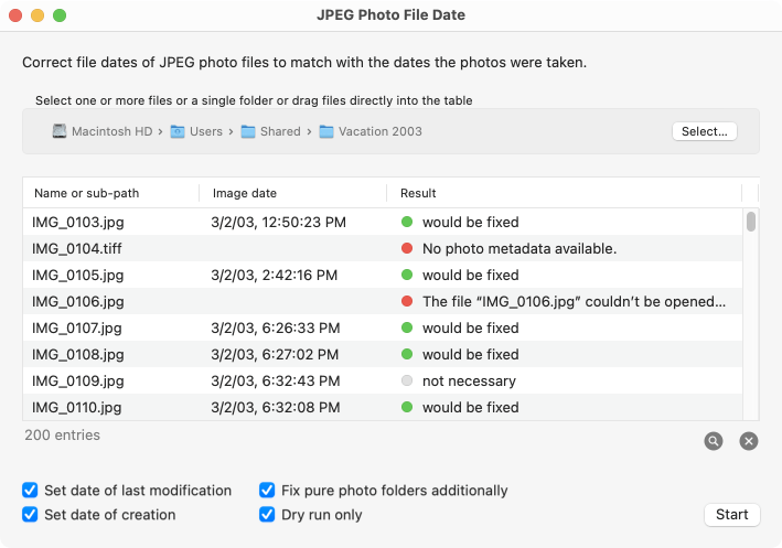 Control window of JPEG Photo File Date