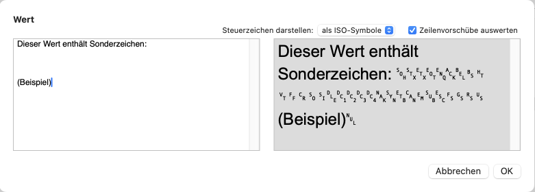 Strings mit Steuerzeichen, bzw. mehreren Zeilen werden in einem separaten Fenster dargestellt