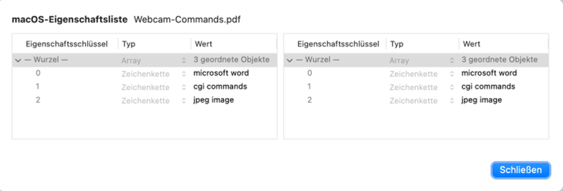 Enthält ein Erweitertes Attribut Daten im Format einer Eigenschaftsliste, wird die Liste automatisch als solche präsentiert