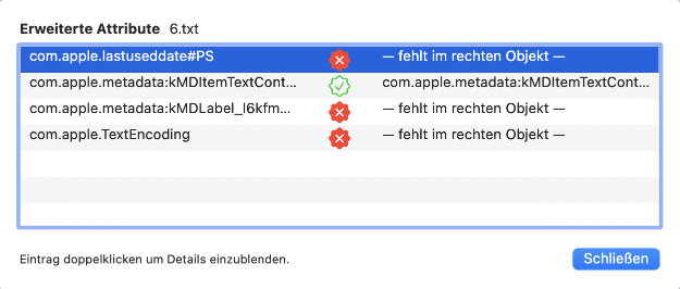 Abweichungen in
                üblicherweise unsichtbaren Punkten wie Erweiterten
                Attributen werden ebenfalls festgestellt.