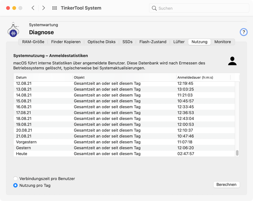 Rufen Sie die Statistik der Anmeldezeiten ab, die von macOS geführt wird