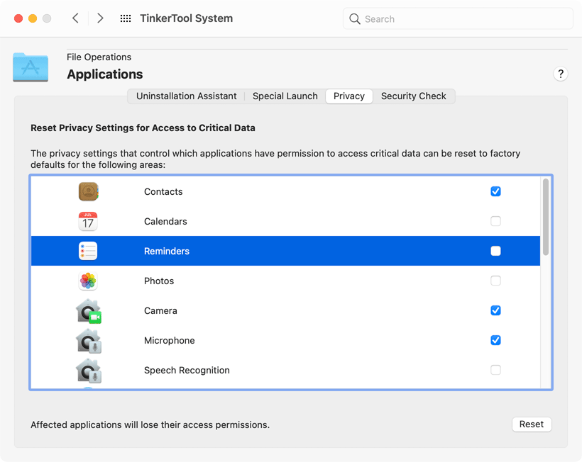 Reset application privacy settings