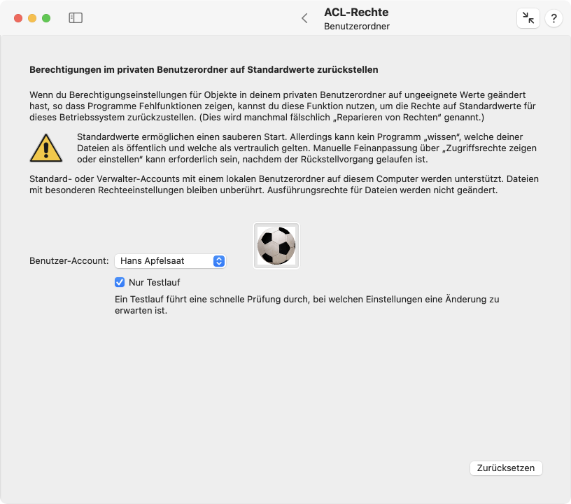 Verstellte Berechtigungen in einem Benutzerordner können auf Standardvorschläge zurückgestellt werden