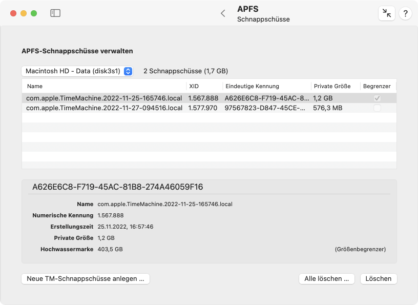 APFS-Schnappschüsse können eingesehen und gelöscht werden