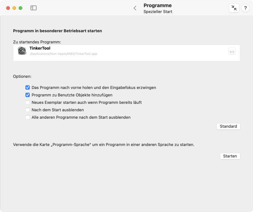 Programme können mit besonderen Wahlmöglichkeiten gestartet werden