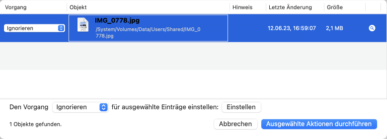 Bei jedem einzelnen verwaisten Objekt können Sie entscheiden, was zu tun ist.