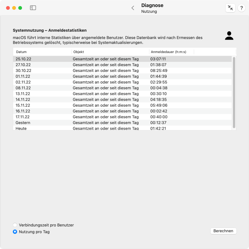 Rufen Sie die Statistik der Anmeldezeiten ab, die von macOS geführt wird