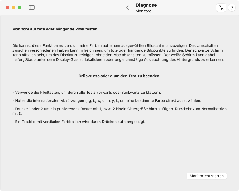 Angeschlossene Bildschirme können über Farbflächen getestet werden