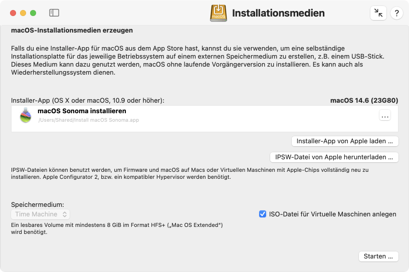 Ein selbständiges Installationsmedium für das Betriebssystem kann mit wenigen Mausklicks angelegt werden