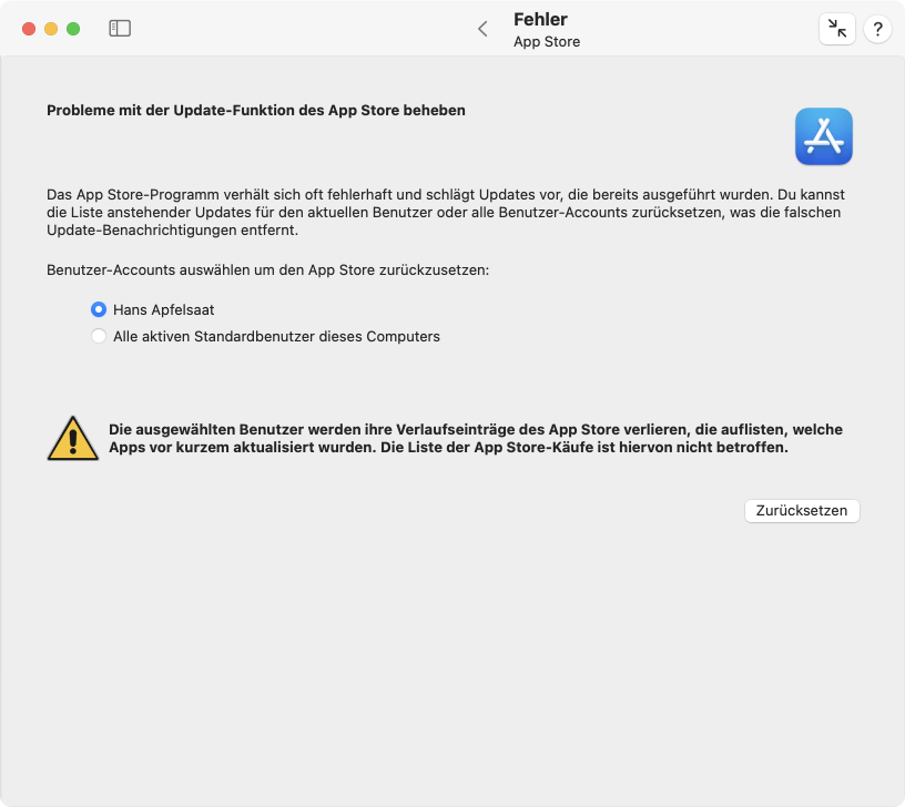 Das Zurücksetzen des App Store-Programms kann ungültige Update-Benachrichtigungen entfernen