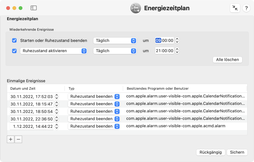 Regelmäßig wiederkehrende Zeitplanereignisse und einmalige Termine können eingesehen und verändert werden.