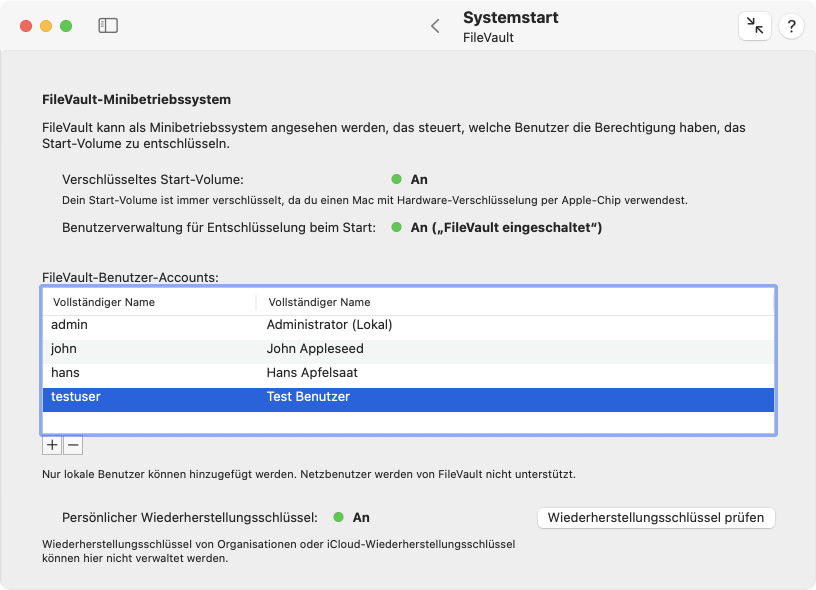 TinkerTool System zeigt den Status und die Benutzerverwaltung von FileVault an. Falls vorhanden kann auch ein persönlicher Wiederherstellungsschlüssel geprüft werden.