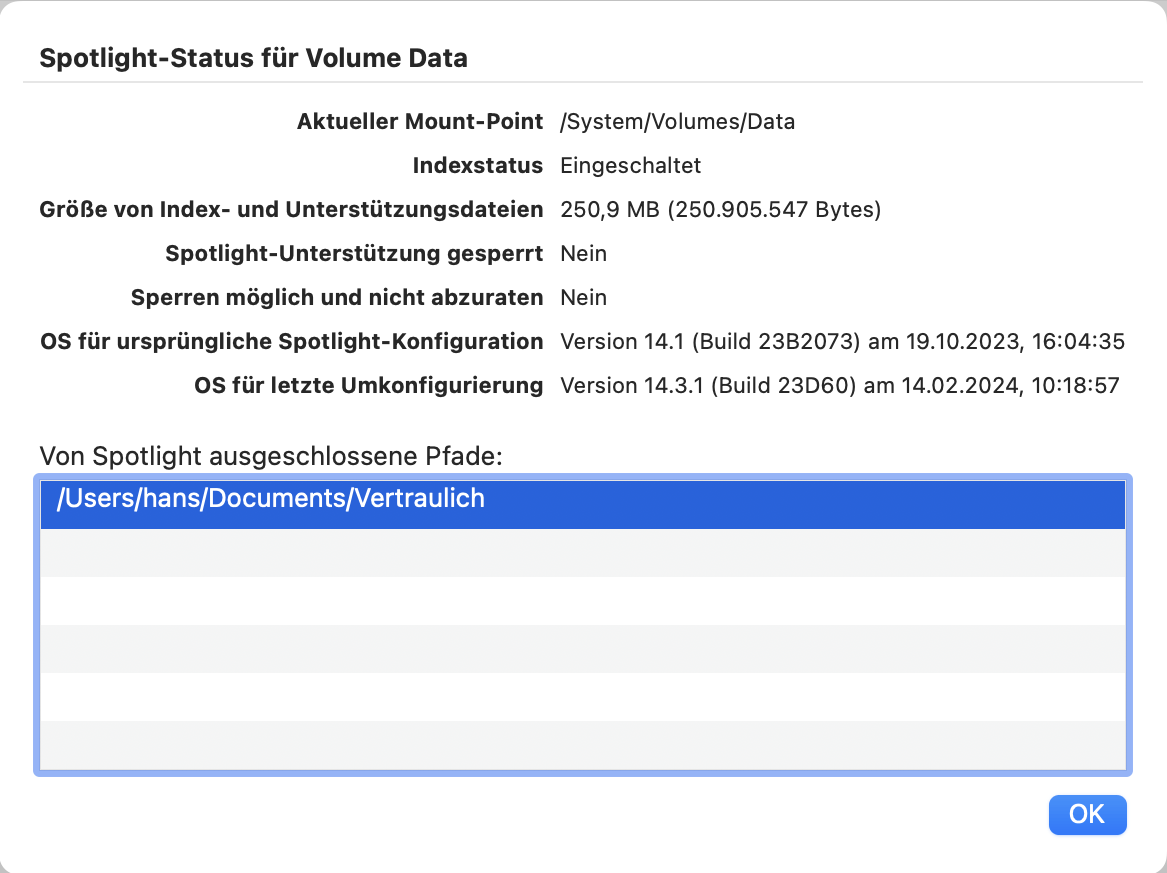 Weitere Details zu einem indexierten Volume lassen sich abrufen