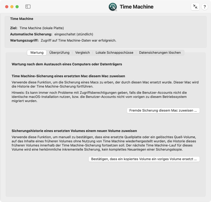 Wartung nach Austausch einer Time Machine-Datenquelle