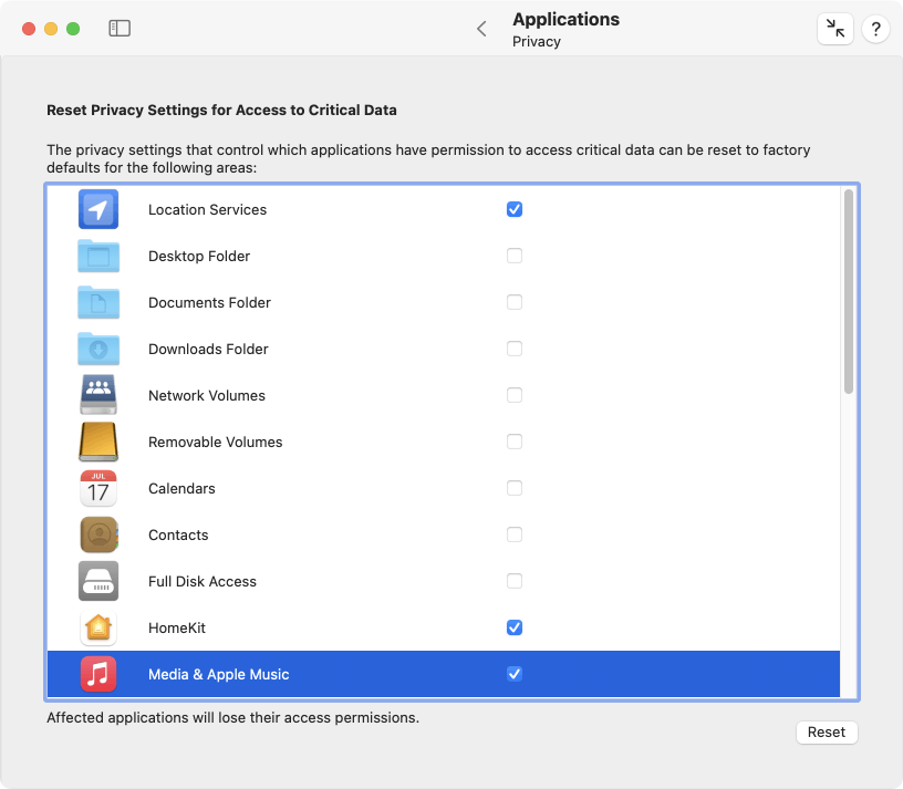 Reset application privacy settings