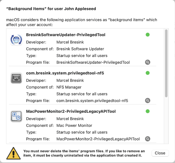 The list of background items maintained by macOS can be shown by TinkerTool System in a more understandable way with as few errors as possible