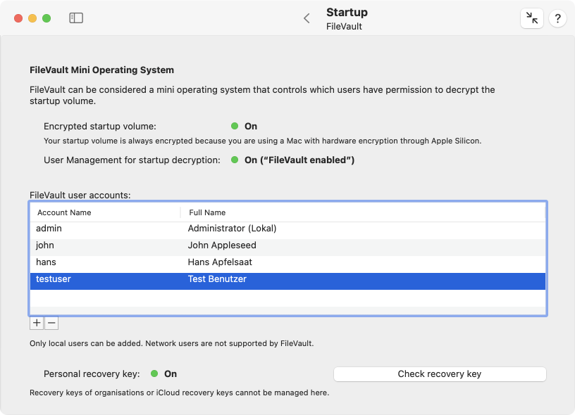 TinkerTool System indicates the status and user management of FileVault. If available, a personal recovery key can also be tested.