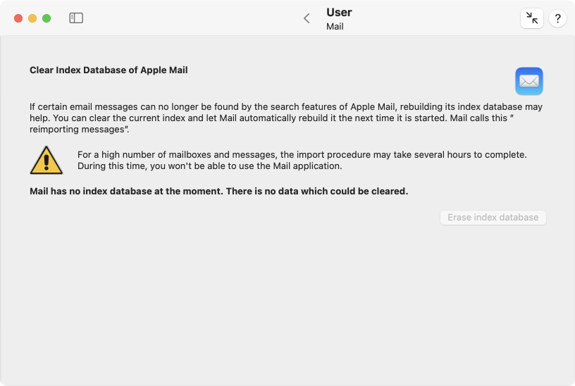 Clear index database of Apple Mail