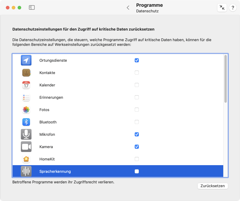 Datenschutzeinstellungen für Programme zurücksetzen