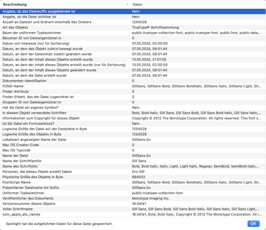 Auch die Liste der Spotlight-Metadaten, die macOS über diese Datei führt, kann angezeigt werden