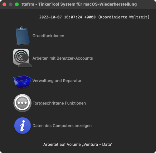 Das Hauptmenü von TinkerTool System für macOS-Wiederherstellung (ttsfrm)