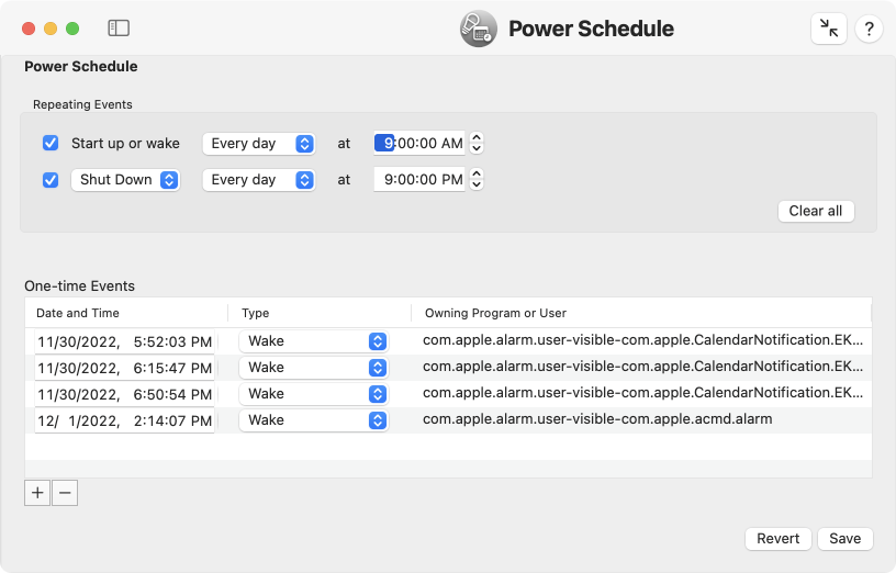 Repeating power schedule events and one-time events can be reviewed and edited.