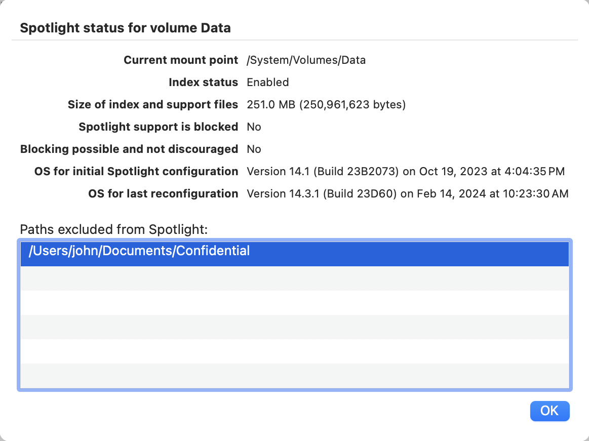 Further details for an indexed volume can be shown