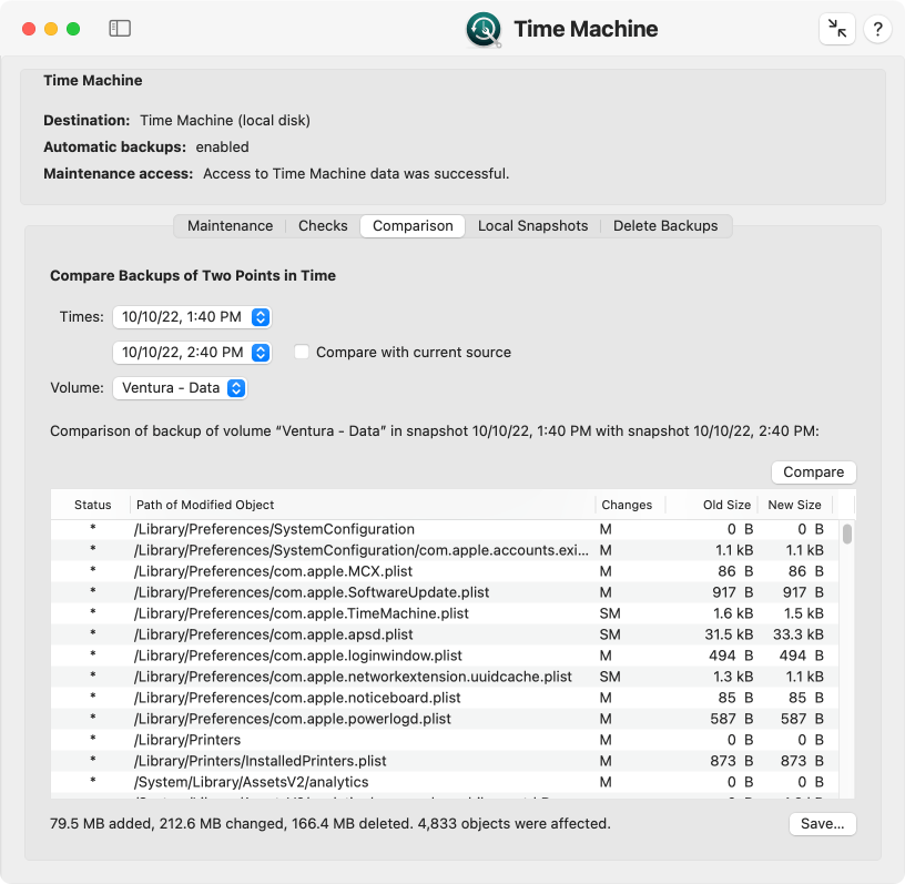 Check Time Machine by comparing backups